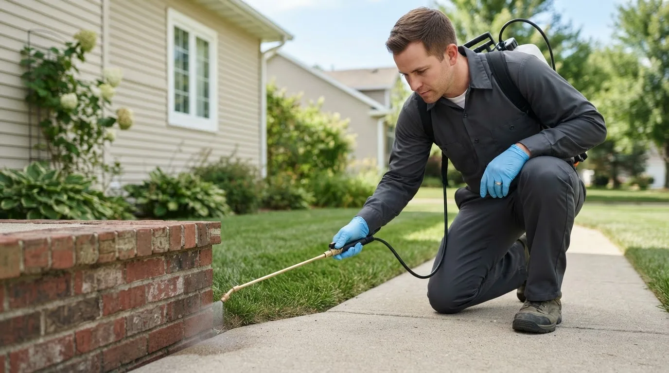 Pest control technician treating a home near Searsport, ME