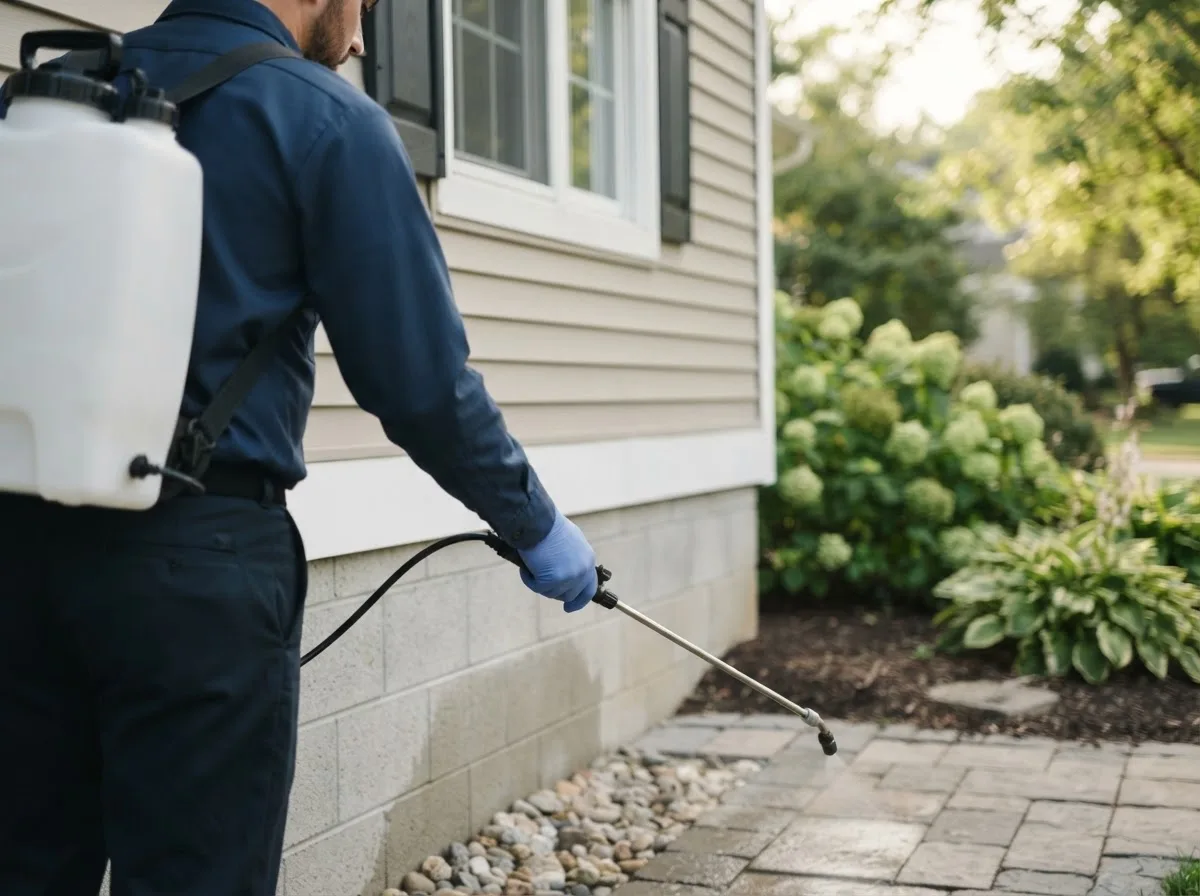 Pest control technician inspecting a home in Searsport, ME